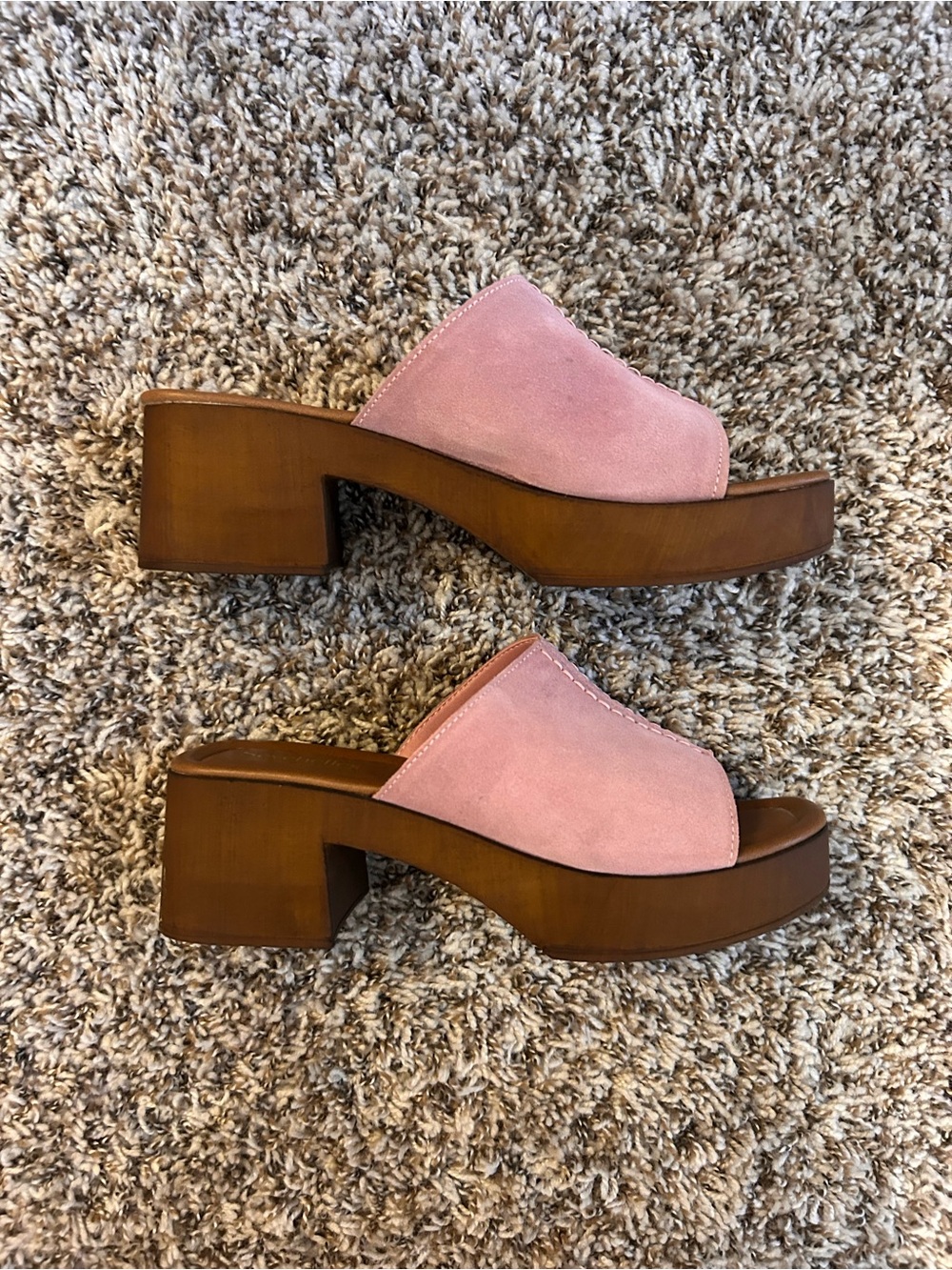 Seychelles Pink Suede and Wood Platform Slide Heels